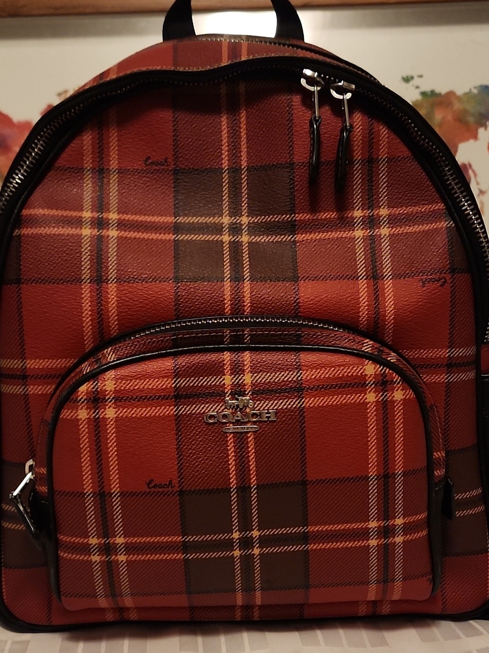 Coach Women's Plaid Leather Backpack - Red/Brown